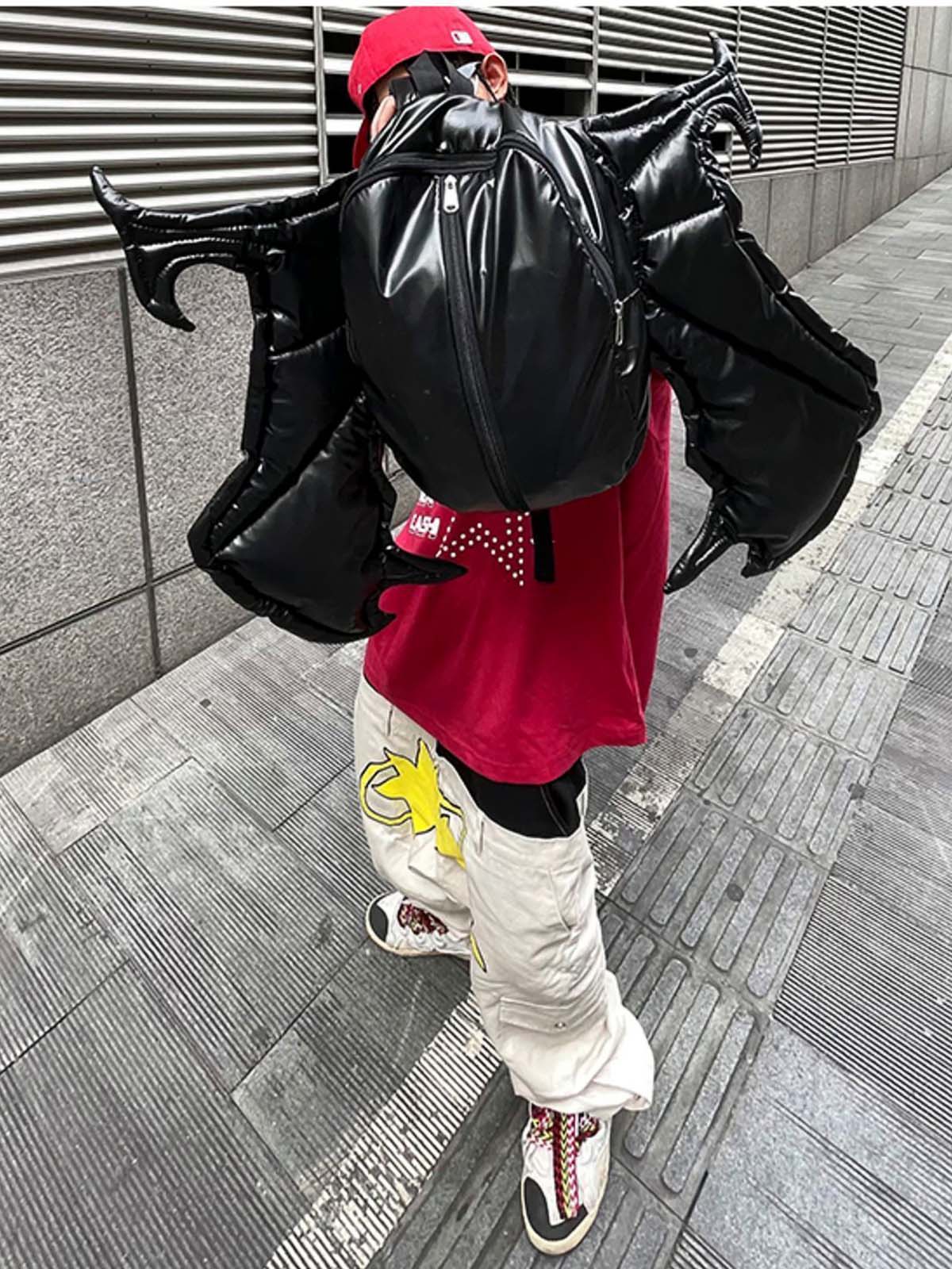PU Leather Bat Wing Double Zipper Backpack 