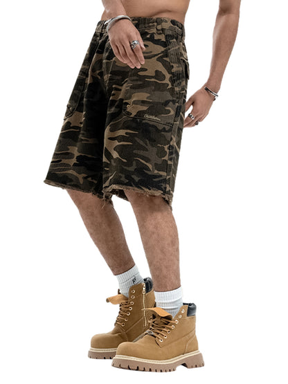 Camouflage Raw Edge Embroidered Cargo Shorts 