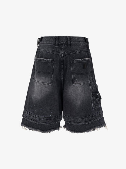 Ripped Washed Tassel Cargo Denim Shorts 