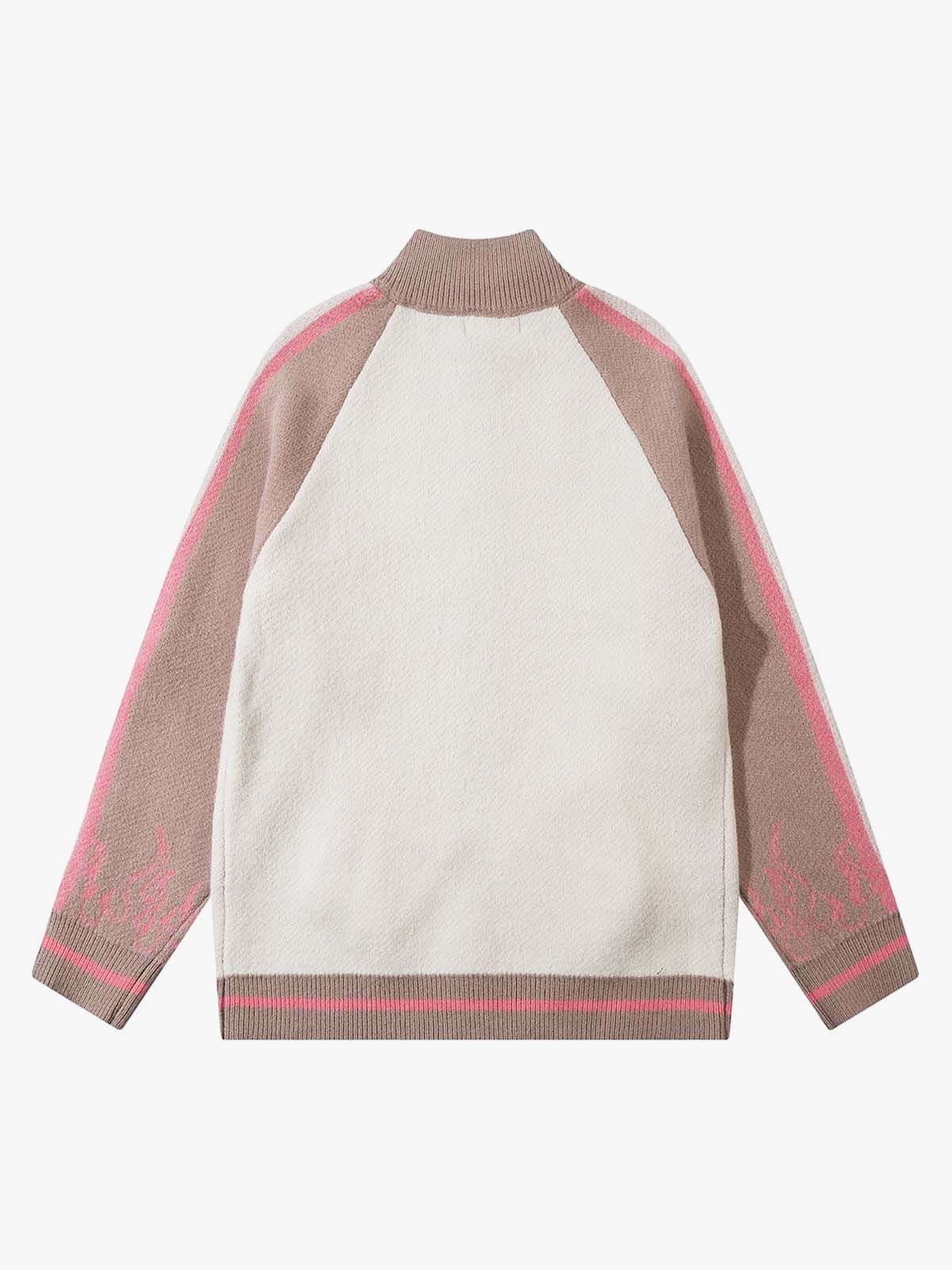 Thesupermade Contrast Color Jacquard Mock Neck Zipper Sweater 