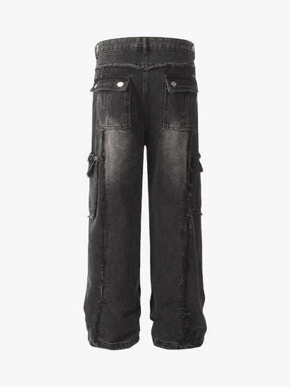 Thesupermade Detressed Raw Edge Multi-pocket Cargo Jeans 