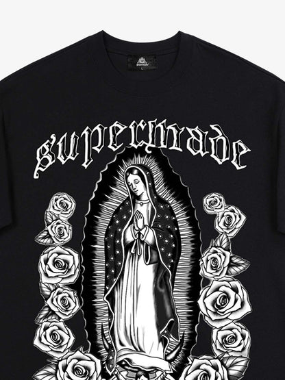 Original Retro Gothic Virgin Mary Floral Print T-Shirt 