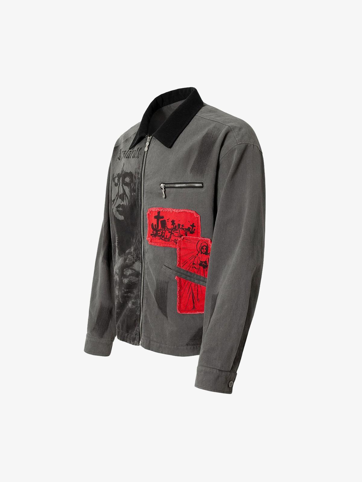 Wasteland Style Portrait Print Patchwork Barn Jacket 