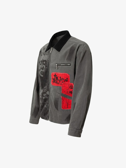 Wasteland Style Portrait Print Patchwork Barn Jacket 