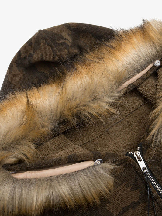 Camouflage Spliced Fur Hooded Fleece Jacket - 2262 