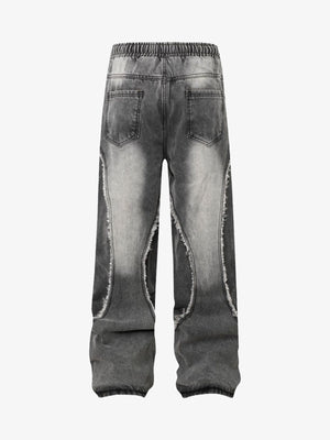 Washed Distressed Raw Edge Drawstring Jeans 