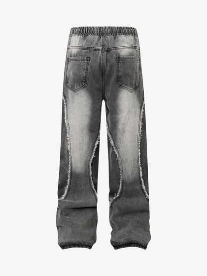 Washed Distressed Raw Edge Drawstring Jeans 