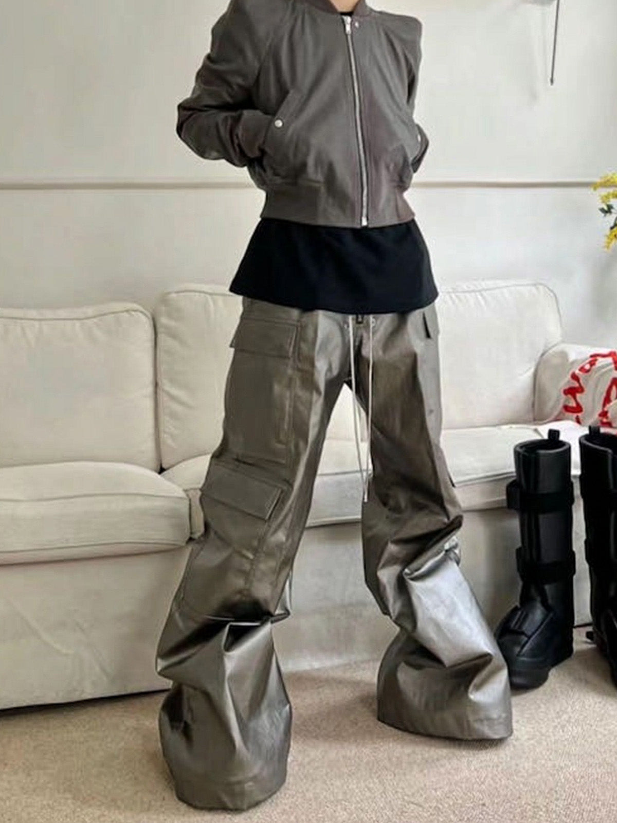RO Style Matte Coated Leather Baggy Trousers - 2339 