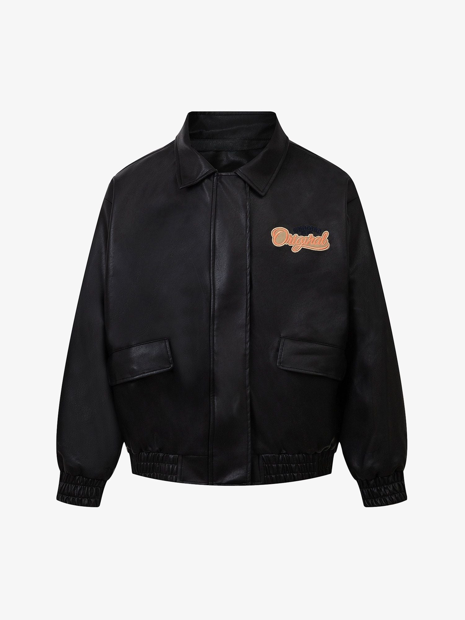 Thesupermade Lettering Embroidered Leather Bomber Jacket 