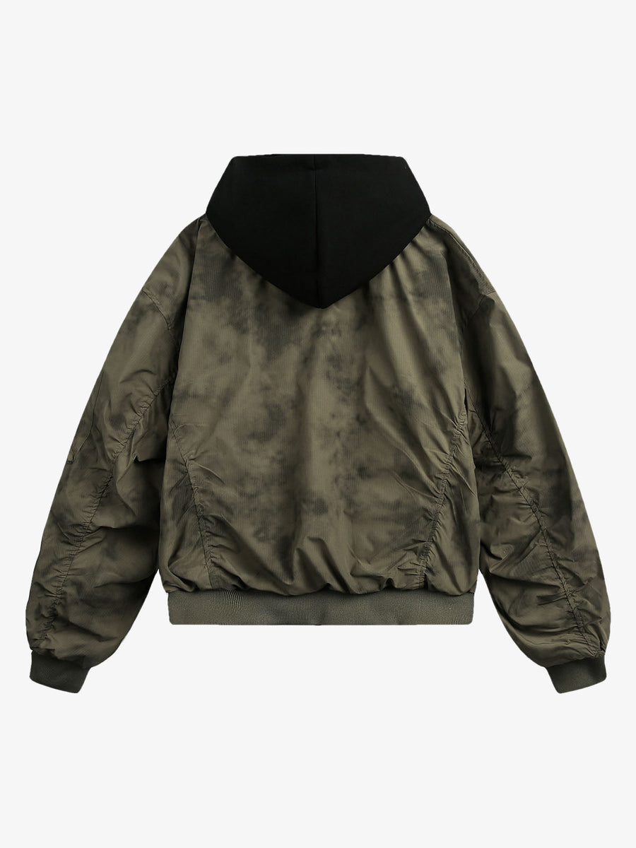 Patchwork Faux Two-Piece Gradient Hooded Bomber Jacket; Dark Green / S, Dark Green / M, Dark Green / L, Dark Green / XL
