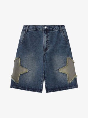 Street Patchwork Star Embroidered Denim Shorts - 2133 