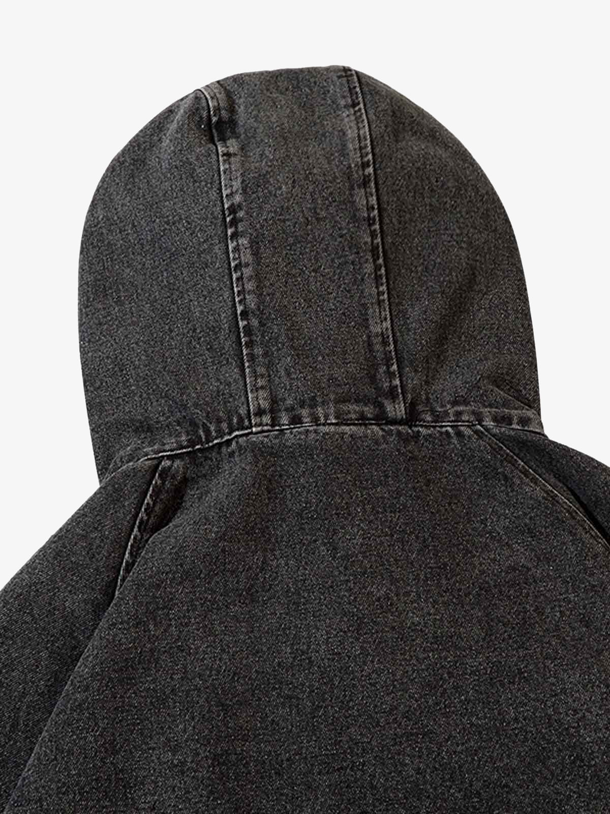 Washed Distressed Metal Zipper Hooded Denim Sweatshirt 