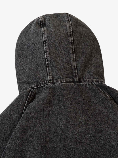 Washed Distressed Metal Zipper Hooded Denim Sweatshirt 
