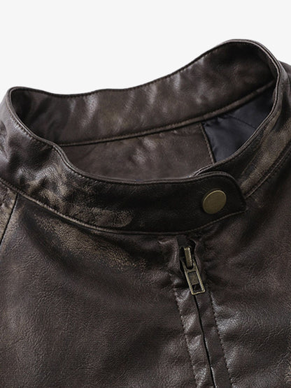 Thesupermade Distressed Letter Embroidery Motorcycle PU Leather Jacket 