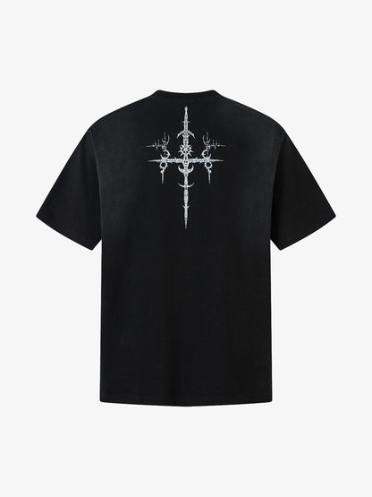 Heavy Cotton Washed Cross Shield Print T-shirt 