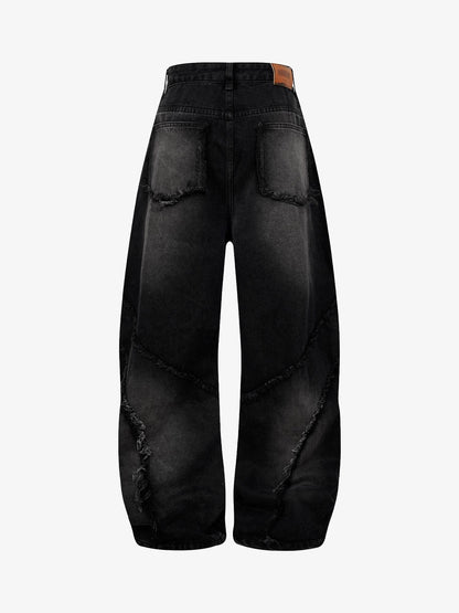 Washed Distressed Raw Edge Barrel Jeans - 2402 