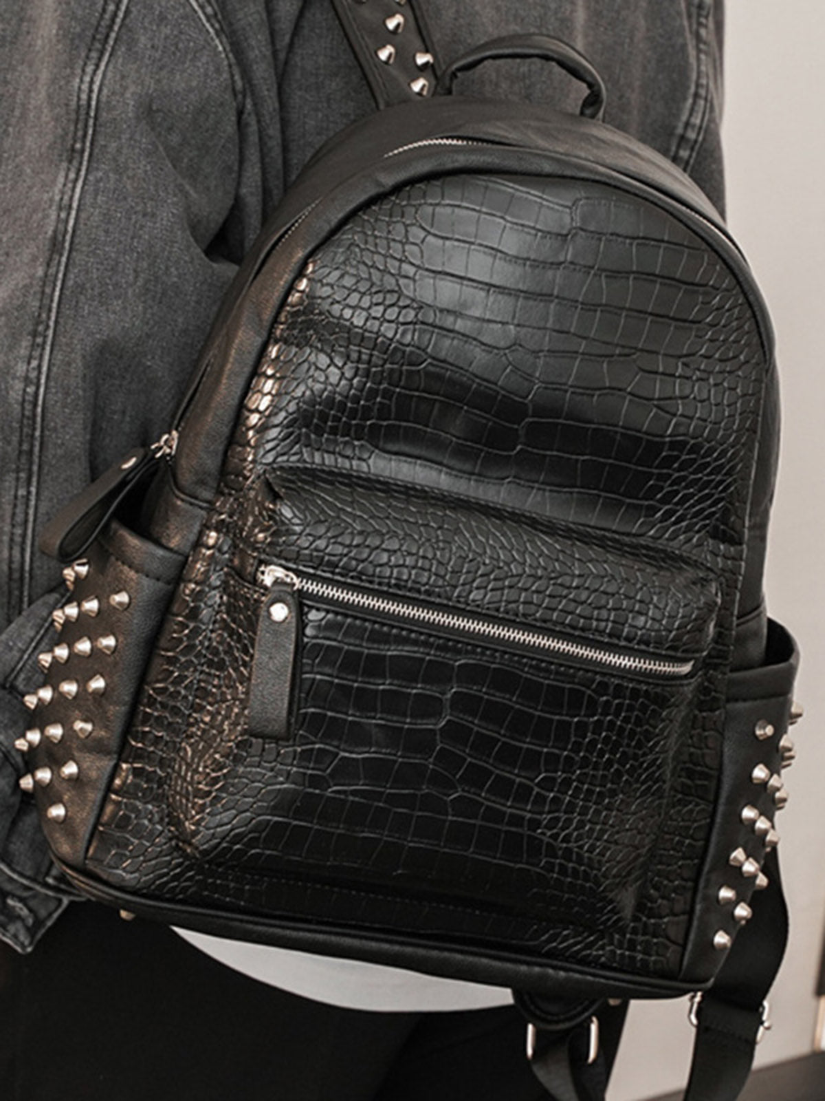 Rivet Crocodile-Print Backpack - 2464 