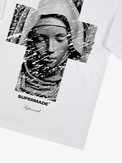 Original Retro Virgin Mary Mottled Cross Print T-Shirt 