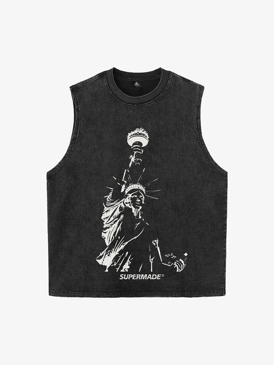 Original Fashion Men's Statue of Liberty Print Sleeveless Denim Vest 