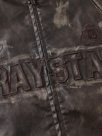 Thesupermade Distressed Letter Embroidery Motorcycle PU Leather Jacket 