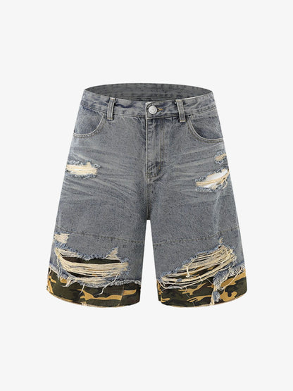 Thesupermade Patchwork Camouflage Ripped Shirt Jorts Denim Suit 