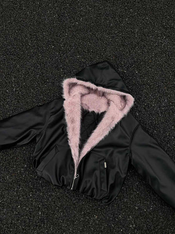 Leather Pink Fur Hooded Quilted Jacket - 2535 