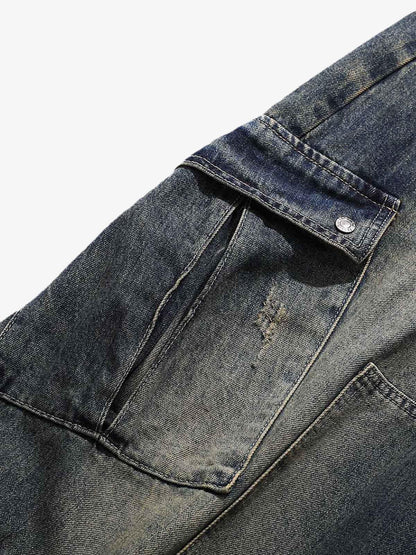 Washed Multi-Pocket Baggy Barrel Cargo Jeans 
