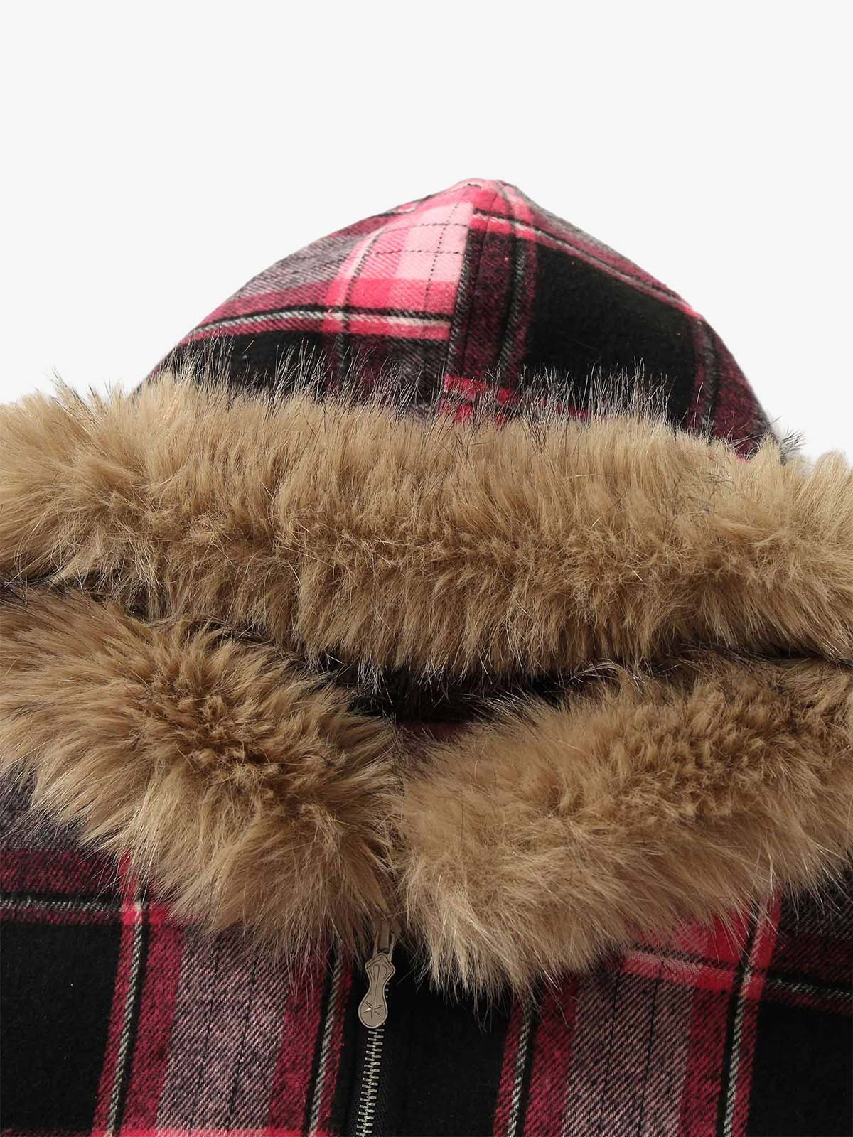 Thesupermade Beaded Fur Collar Padded Plaid Jacket 