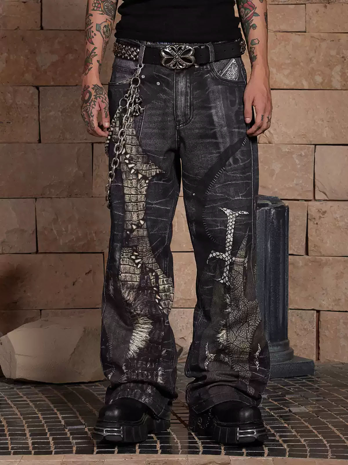 Thesupermade Full Cross Stitching Leather Flare Jeans 