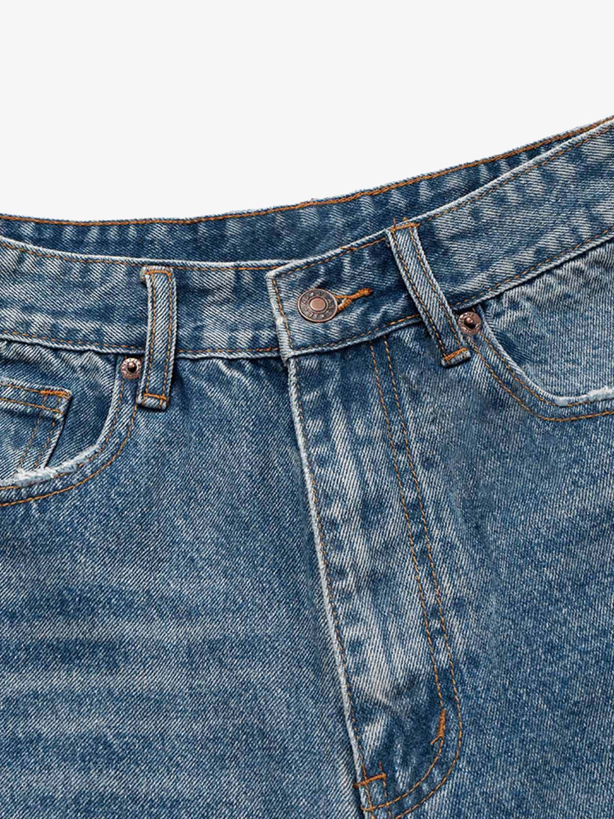 Distressed Washed Whisker Pleated Barrel Jeans 
