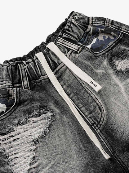 Distressed Camouflage Denim Shorts 