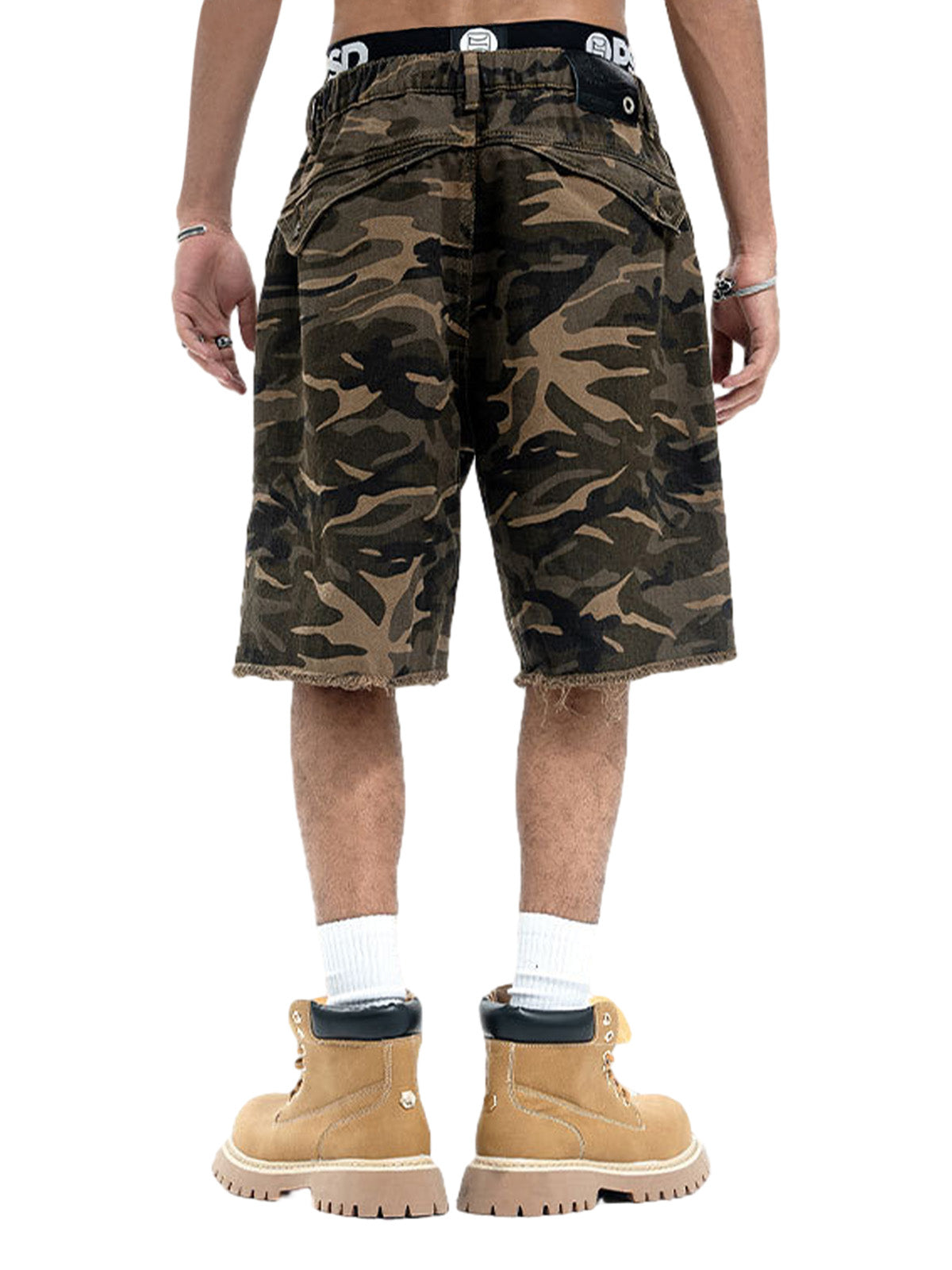 Camouflage Raw Edge Embroidered Cargo Shorts 