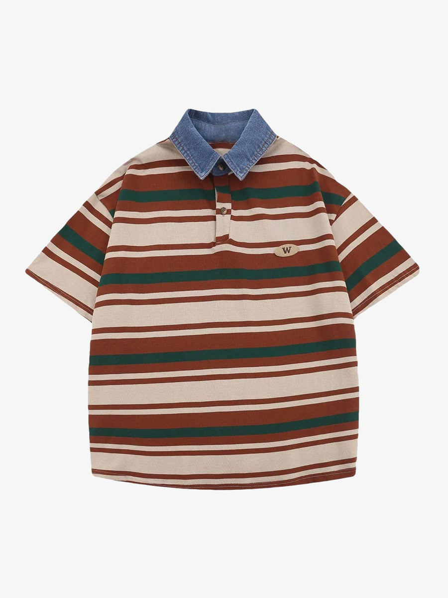 The Supermade polo shirt with brown, cream and green stripes and a blue collar