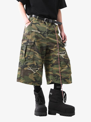 Retro Ripped Camouflage Cropped Jorts - 2387 