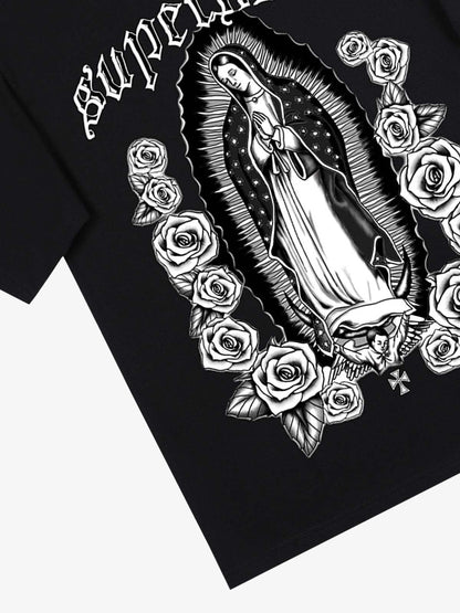 Original Retro Gothic Virgin Mary Floral Print T-Shirt 