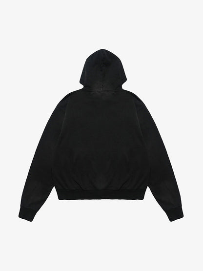 Washed Distressed Retro Portrait Print Double Zipper Hoodie 