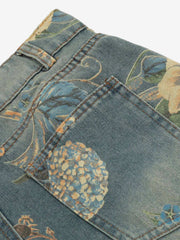 Denim Floral Print Carpenter Jeans - 2237 