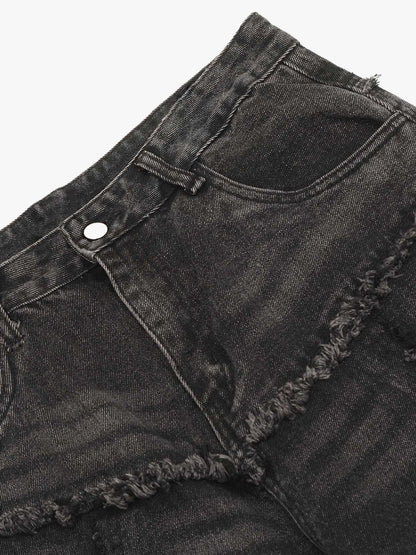 Thesupermade Detressed Raw Edge Multi-pocket Cargo Jeans 