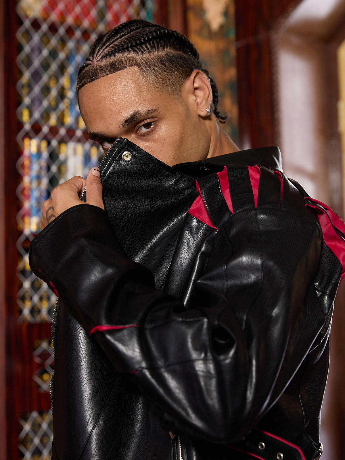 Thesupermade Paneled Spine Pleated Cropped Leather Biker Jacket 