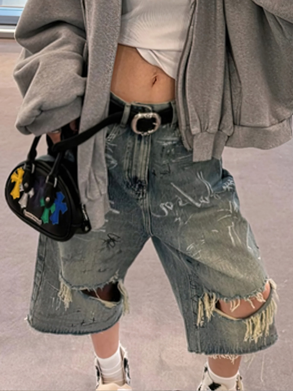 Ripped Hand-Painted Graffiti Ripped Jorts 