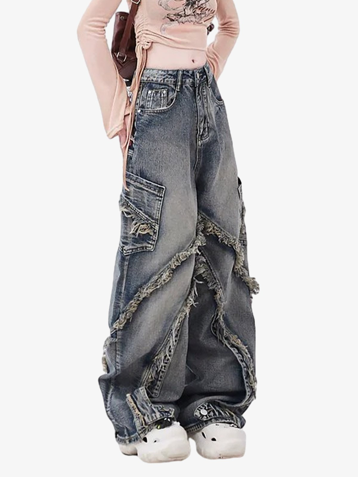 Thesupermade Washed Side Pocket Raw Edge Baggy Jeans - 2303 
