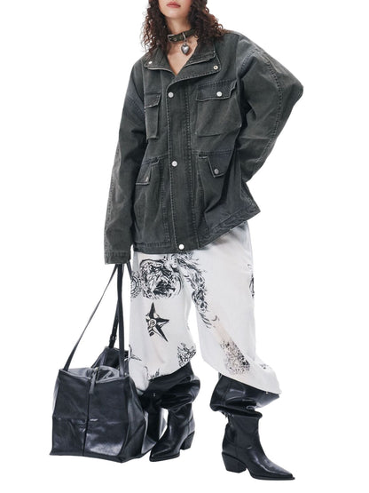 Retro Washed Distressed Multi-Pocket Work Jacket 