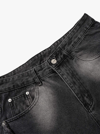 Washed Distressed Raw Edge Barrel Jeans - 2402 