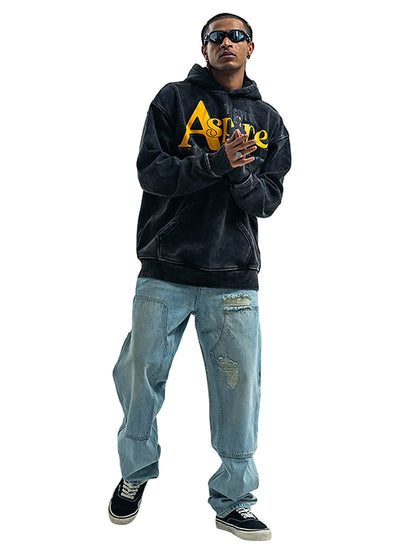 Heavy Washed Letter Portrait Print Fleece Hoodie 