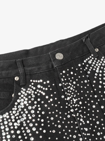 Retro Washed Rhinestone Raw Edge Denim Shorts - 2419 