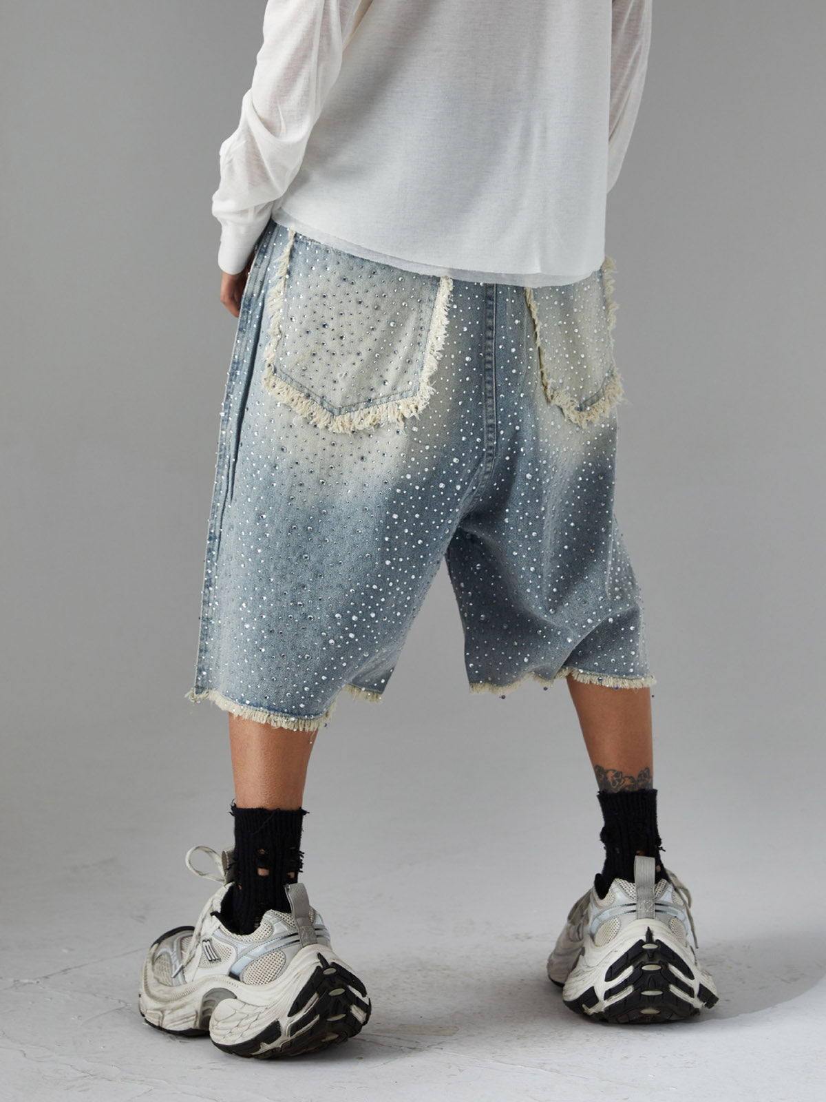 Distressed Rhinestone Denim Jorts - 2454 