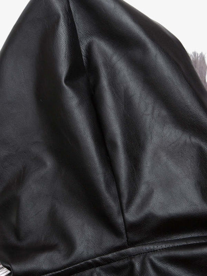 Deconstructed Multi Pocket Fur Hooded PU Leather Jacket 