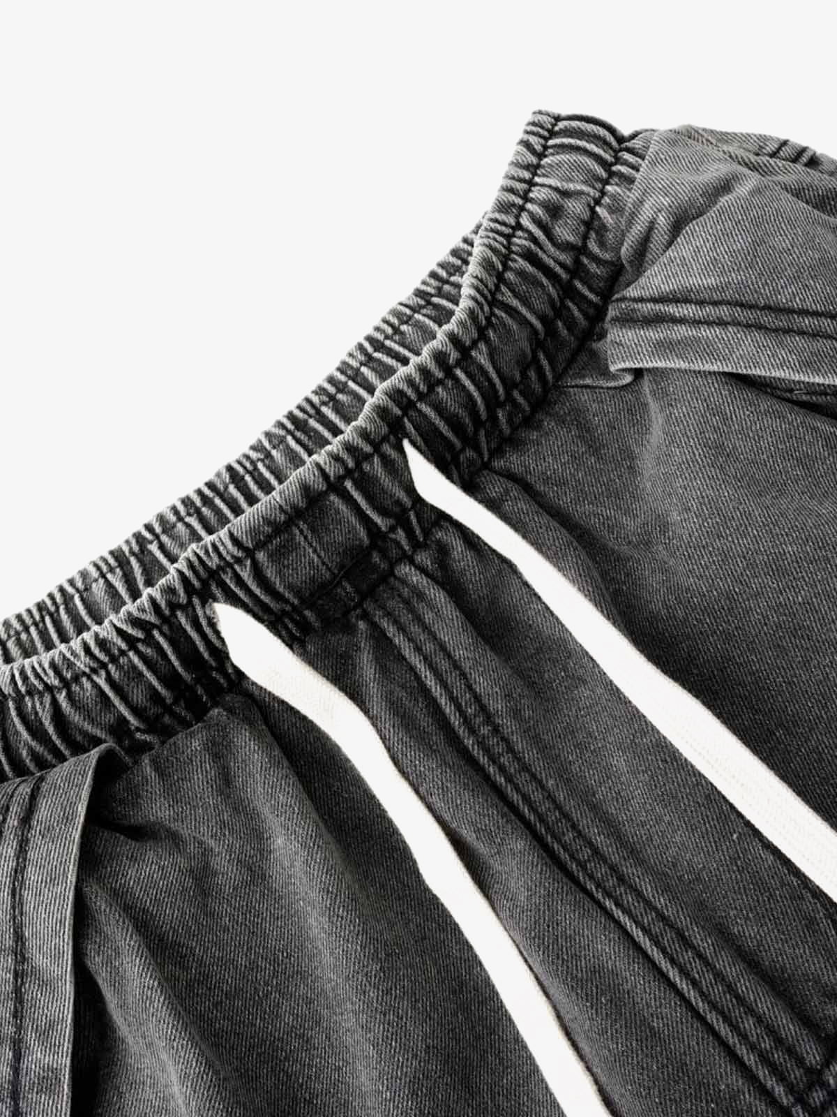 Washed Distressed Raw Edge Drawstring Jeans 