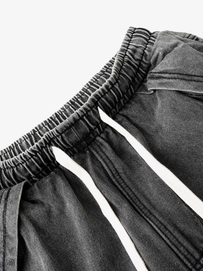 Washed Distressed Raw Edge Drawstring Jeans 