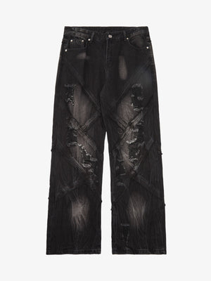 Thesupermade Heavy Washed Ripped Plaid Stitching Hip-Hop Jeans - 2174 